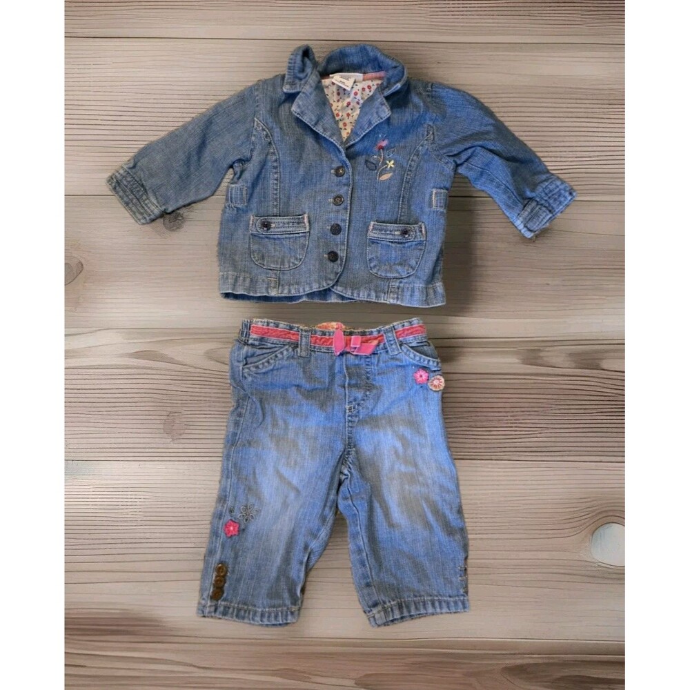 Vintage Osh Kosh Genuine Baby Girl Denim Suit 2 Pc Jean Jacket & Jeans 6 Months